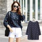 Round-neck Floral Loose-fit Blouse Navy Blue - One Size