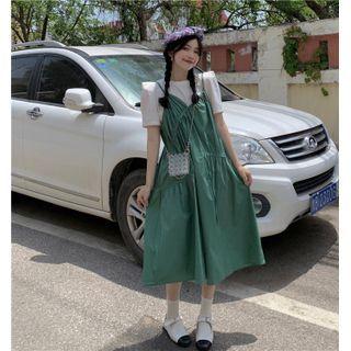 Puff-sleeve T-shirt / Spaghetti Strap Midi A-line Dress