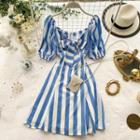 Short-sleeve Bow Striped Midi A-line Dress Blue - One Size