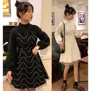 Long-sleeve Mesh-overlay A-line Dress