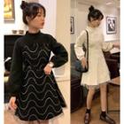 Long-sleeve Mesh-overlay A-line Dress