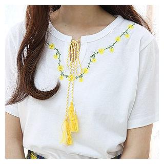 Ribbon-accent Embroidered T-shirt