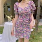 Puff-sleeve Shirred Floral Slim Fit Dress