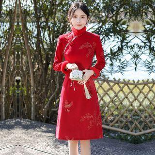 Long-sleeve Embroidered A-line Qipao Dress