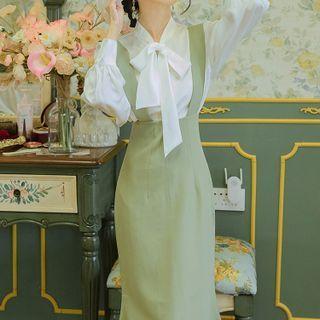 Set: Long-sleeve Bow-neck Blouse + Midi Mermaid Suspender Skirt