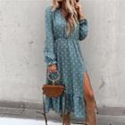 Long-sleeve V-neck Side Slit Midi A-line Dress