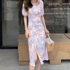 Puff-sleeve Lace-up Floral Side-slit Chiffon Qipao Dress