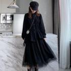 Long-sleeve Plain Blouse / A-line Mesh Long Skirt