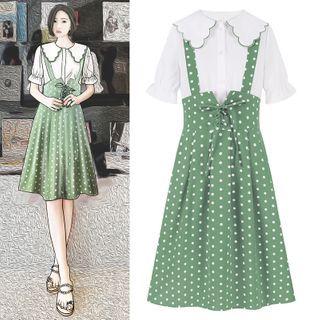 Set: Short-sleeve Blouse + Dotted Midi A-line Jumper Skirt