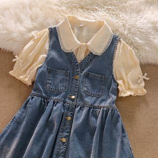 Button-up Denim Mini Overall Dress / Puff-sleeve Blouse