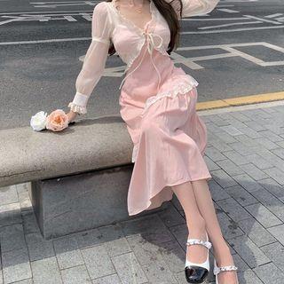 Light Jacket / Spaghetti Strap Lace Trim Midi A-line Dress