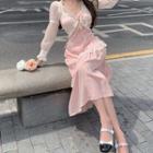Light Jacket / Spaghetti Strap Lace Trim Midi A-line Dress