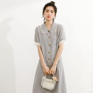 Short-sleeve Mesh Ruffle A-line Dress Grayish Blue - One Size