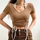 Short Sleeve V-neck Halter Drawstring Crop Top