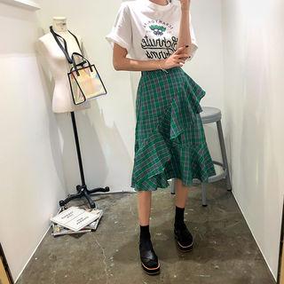 Set: Lettering T-shirt + Flounced Plaid Wrap Skirt