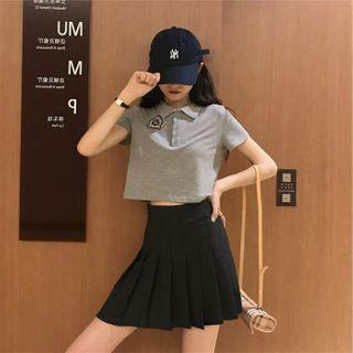 Embroidered Collared Short-sleeve T-shirt / Mini Pleated Skirt