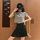 Embroidered Collared Short-sleeve T-shirt / Mini Pleated Skirt