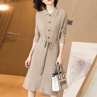 Collared Ribbed Knit Midi A-line Dress
