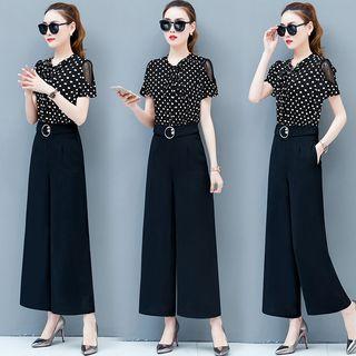 Set: Short-sleeve Dotted Shirt + Wide-leg Pants