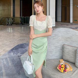 Set: Short-sleeve Lace Top + Spaghetti Strap Dress