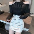 Long-sleeve Knit Top / Lettering Mini Fitted Skirt