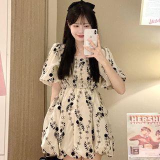 Puff-sleeve Square Neck Floral Mini A-line Smock Dress Almond - One Size