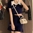 Set: Short-sleeve Lettering Crop Polo Shirt + A-line Skirt