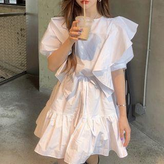 Elbow-sleeve Ruffle Mini A-line Dress White - One Size