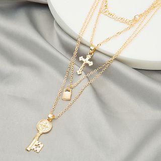 Cross Lock & Key Pendant Layered Alloy Necklace X743-1 - 1 Pc - Gold - One Size