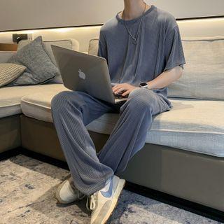 Plain Striped Oversize Top / High-waist Plain Striped Straight-cut Pants