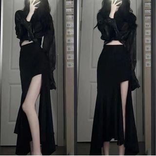 Plain Shirt / Asymmetrical Midi Mermaid Skirt