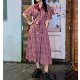 Printed Short-sleeve Button Tie-waist Midi A-line Dress