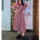 Printed Short-sleeve Button Tie-waist Midi A-line Dress