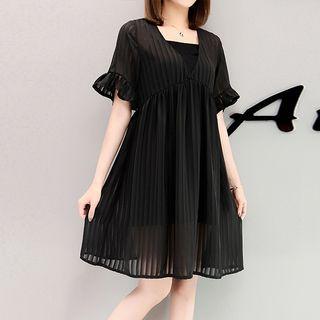 Set: Pleated Short-sleeve Chiffon Dress + Spaghetti Strap Dress