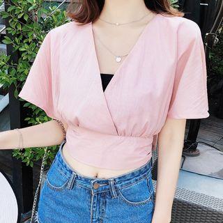 Short-sleeve V-neck Tie-back Chiffon Crop Top