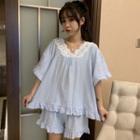 Set: Short-sleeve Lace Trim Shirt + Shorts