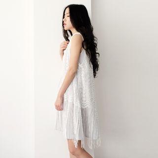 Set: Plain Tank Dress + Fringed Sleeveless Lace Cover-up