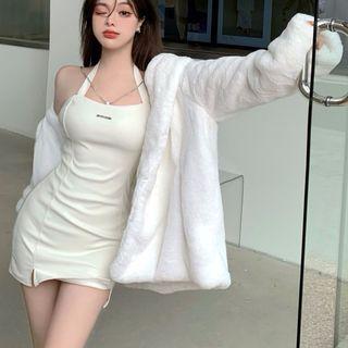 Plain Faux Shearling Oversize Jacket / Faux Leather Skinny Mini Dress