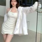 Plain Faux Shearling Oversize Jacket / Faux Leather Skinny Mini Dress