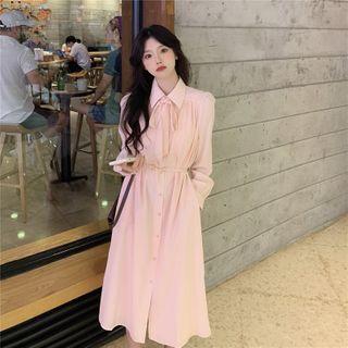 Long-sleeve Ribbon Shirtdress As Shown In Figure - One Size