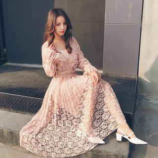Set: Long-sleeve Lace A-line Midi Dress + Strappy Dress