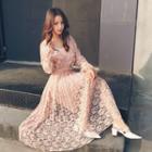 Set: Long-sleeve Lace A-line Midi Dress + Strappy Dress