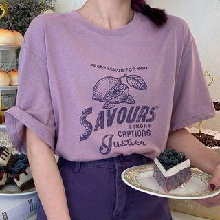 Short-sleeve Lettering Lemon Print T-shirt