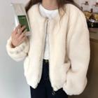 Double-pocket Zip Plain Faux Furry Coat