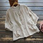 3/4-sleeve Striped Buttoned Top