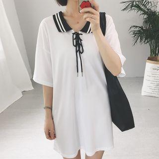 Lace-up Elbow-sleeve Contrast Collar T-shirt Dress
