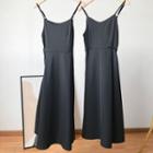 Plain V-neck Suspender Dress Black - One Size
