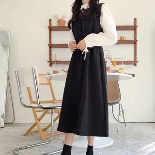 Sleeveless Plain Midi Dress / Floral Blouse