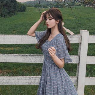 Short-sleeve Square Neck Drawstring Striped Dress
