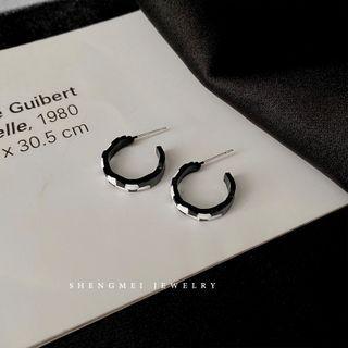 Checker Alloy Open Hoop Earring 1 Pair - Black & White - One Size